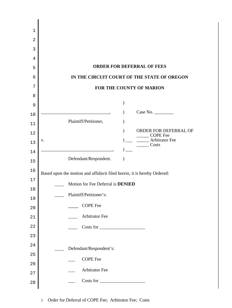 Order for Deferral of Various Fees Oregon  Form