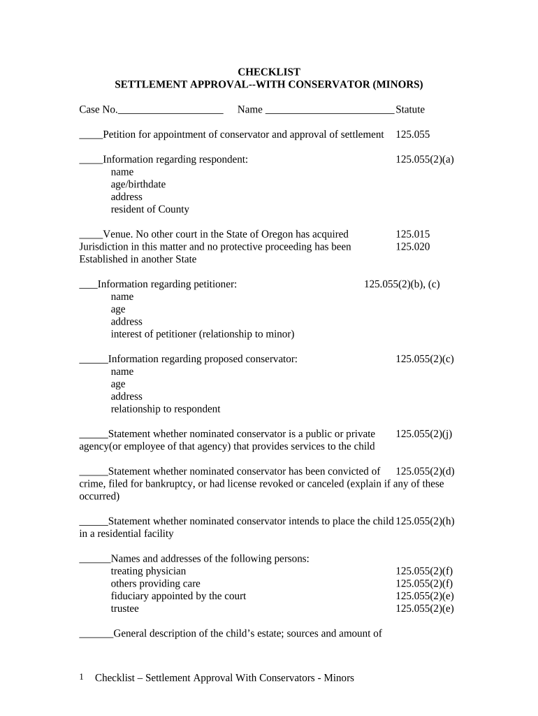 Checklist Settlement Approval W Minors Oregon  Form