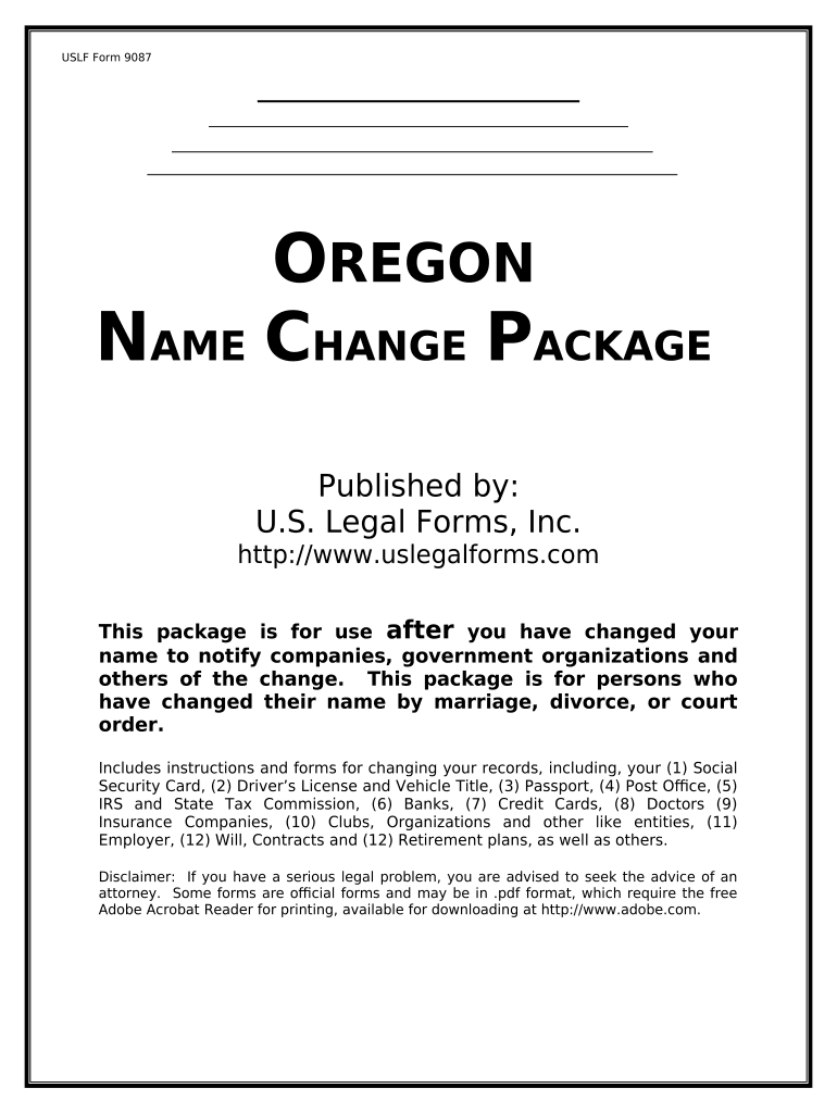 Name Change Notification Package for Brides, Court Ordered Name Change, Divorced, Marriage for Oregon Oregon  Form