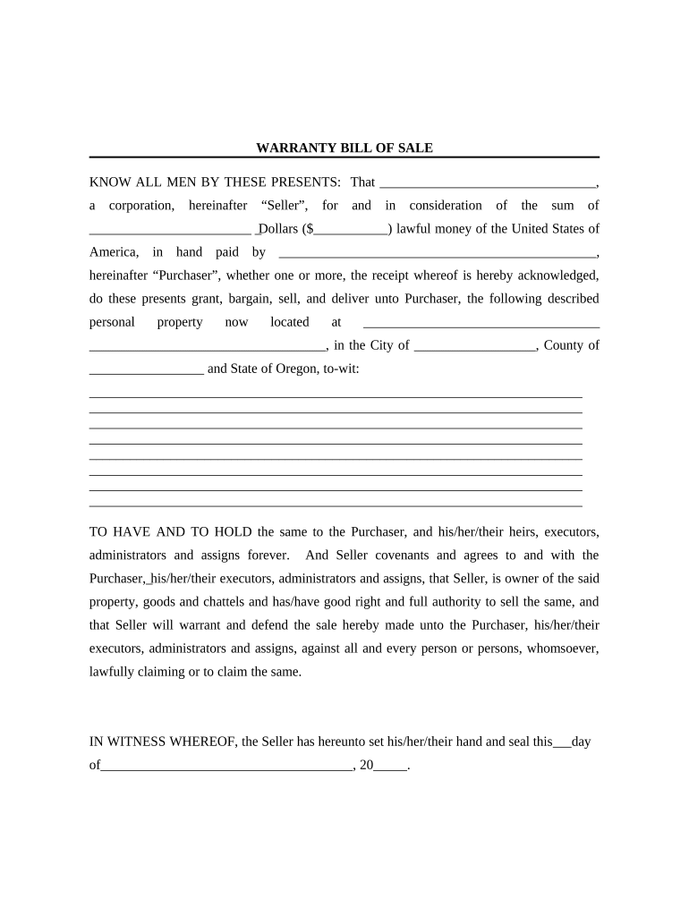 Bill of Sale with Warranty for Corporate Seller Oregon  Form