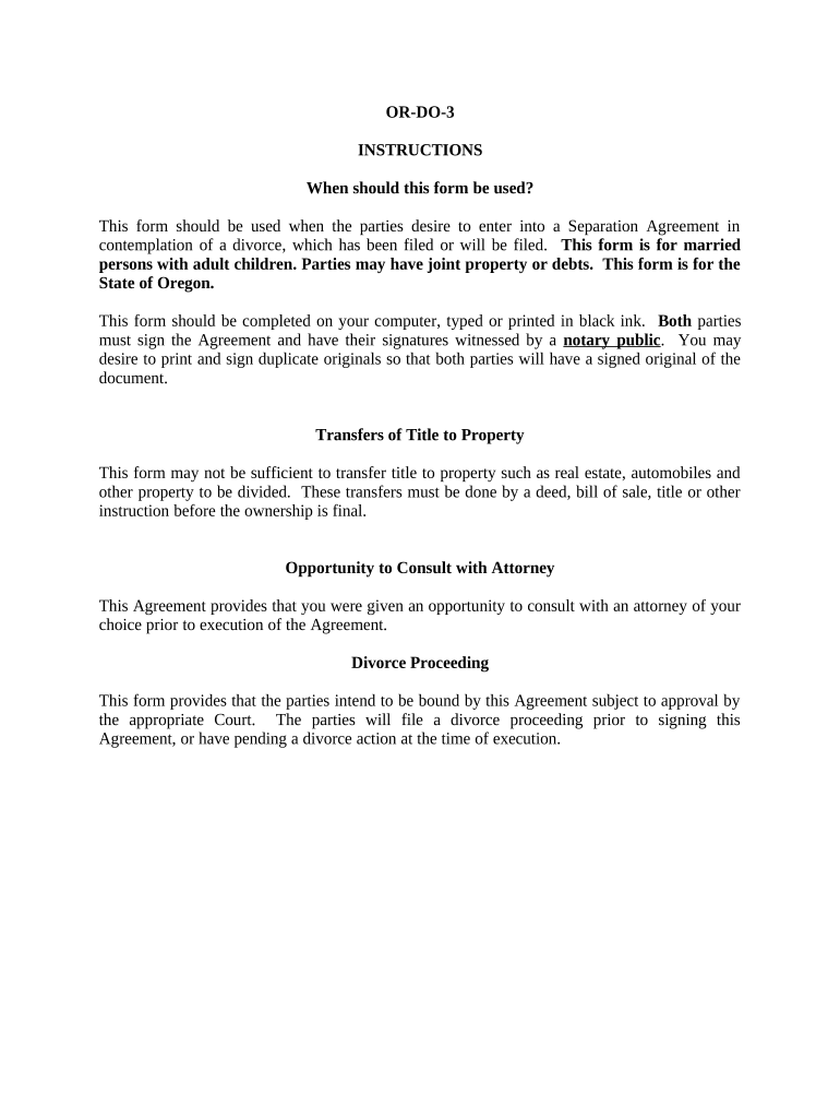 Marital Domestic Separation and Property Settlement Agreement Adult Children Parties May Have Joint Property or Debts Where Divo  Form