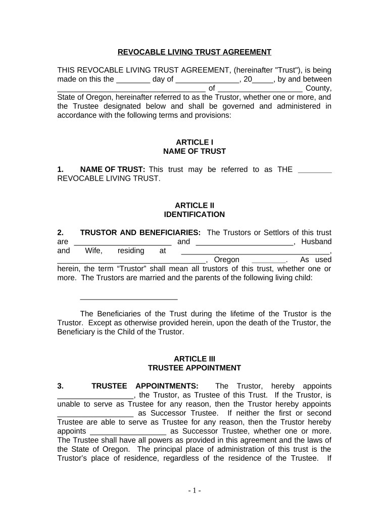 Living Trust for Husband and Wife with One Child Oregon  Form