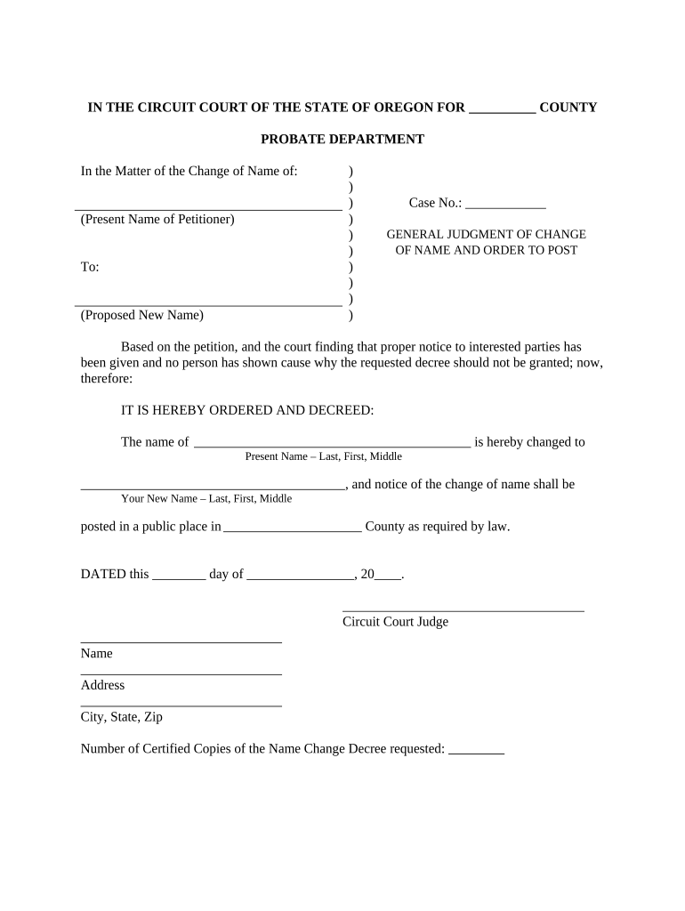 General Judgment for Change of Name and Order to Post for Adult, Family Oregon  Form