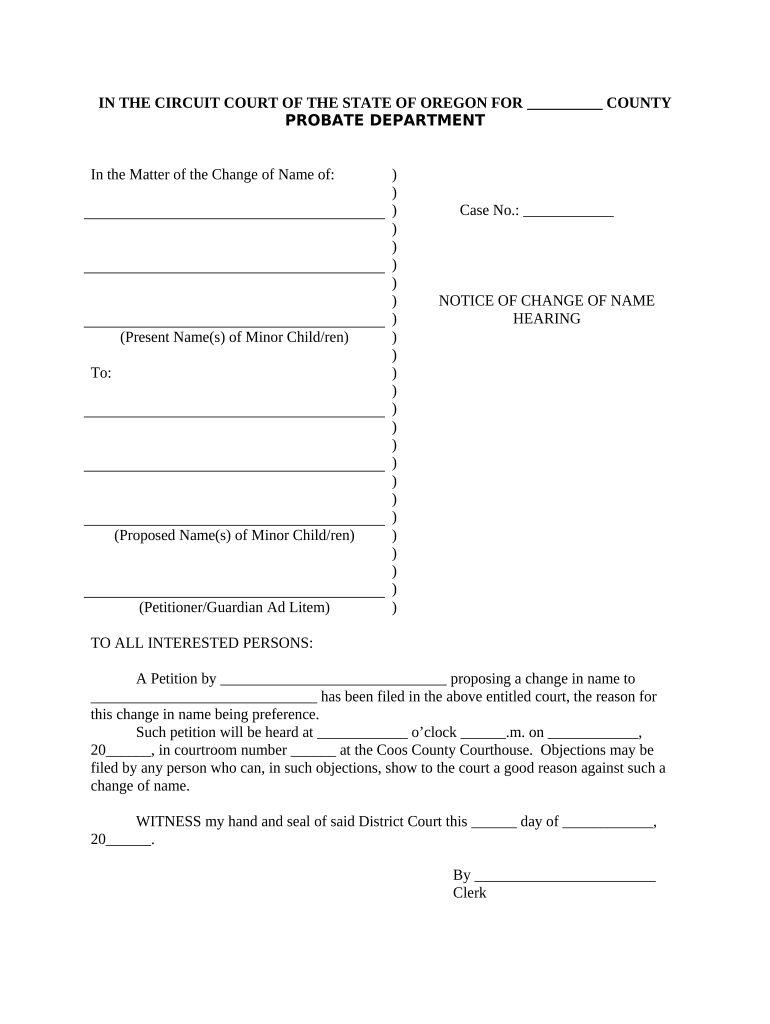 Notice of Name Change Hearing Minor, Family Oregon  Form