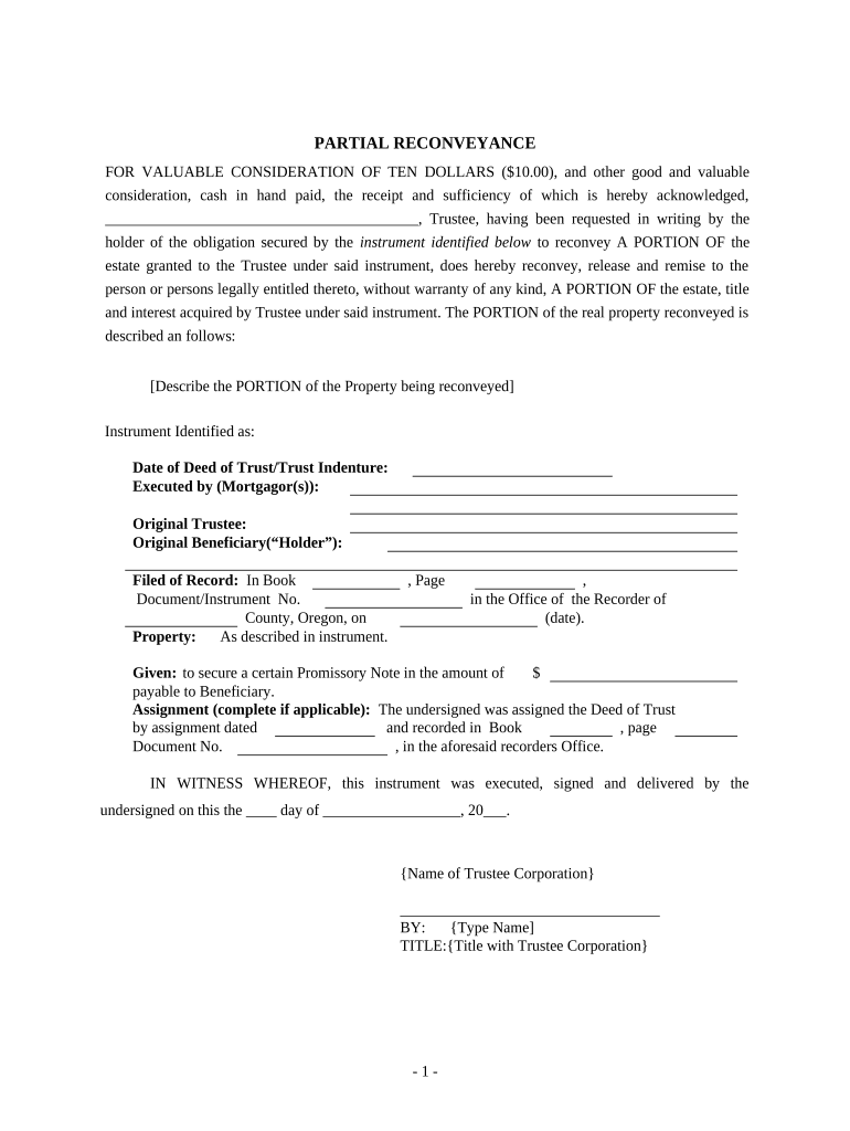 Partial Release of Property from Deed of Trust for Corporation Oregon  Form