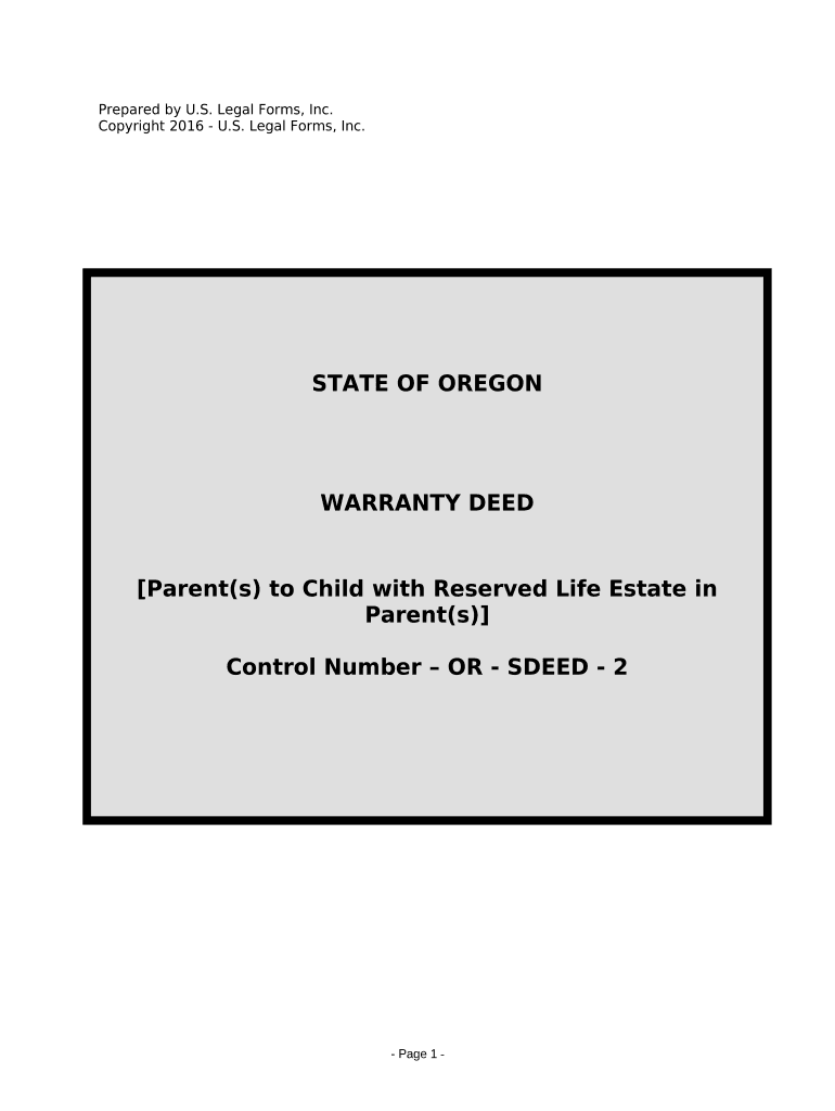 Warranty Deed for Parents to Child with Reservation of Life Estate Oregon  Form