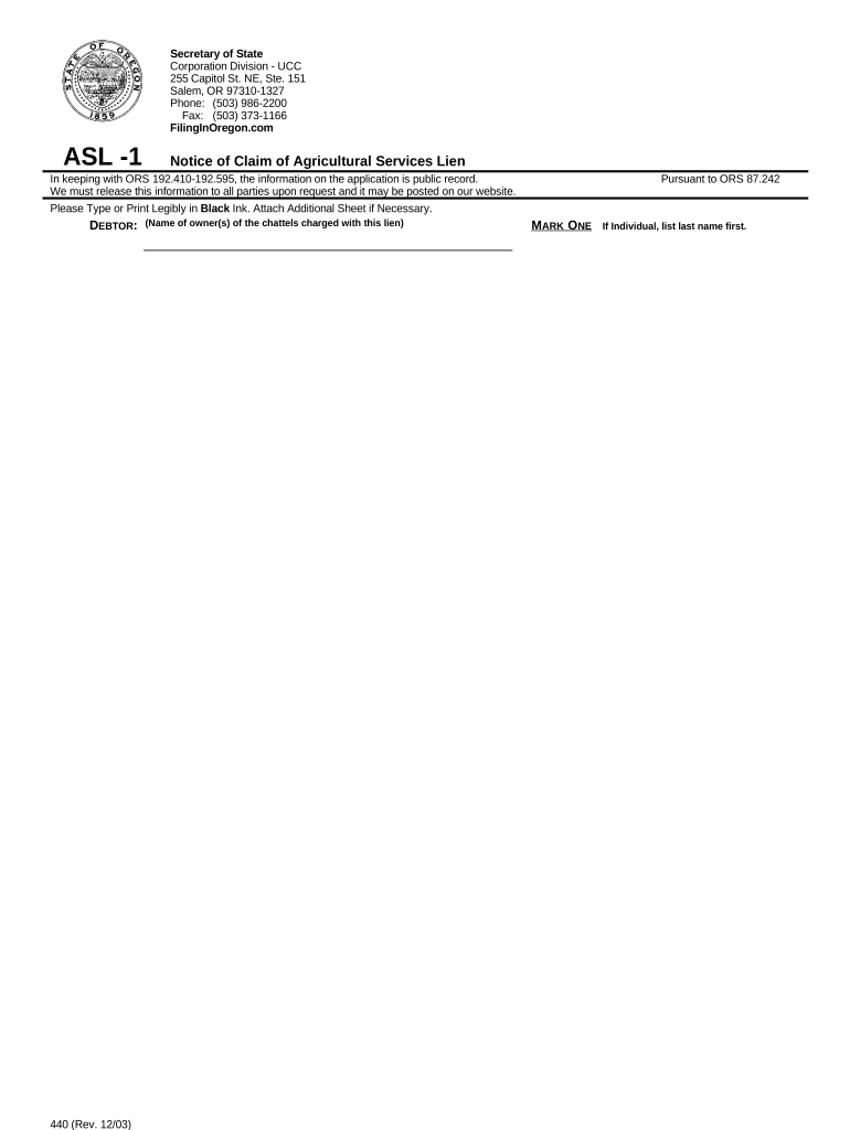 Oregon ASL 1 Notice of Claim of Agricultural Services Lien Oregon  Form