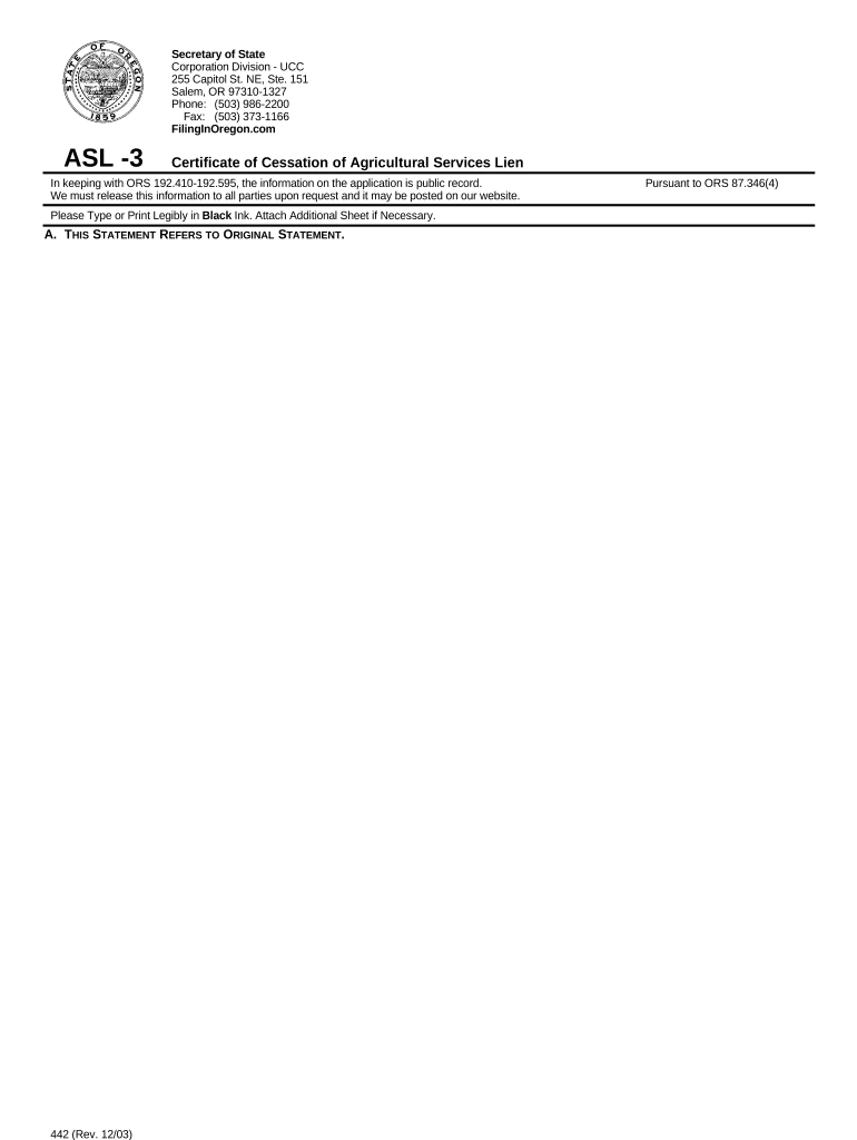 Oregon ASL 3 Certificate of Cessation of Agricultural Services Lien Oregon  Form