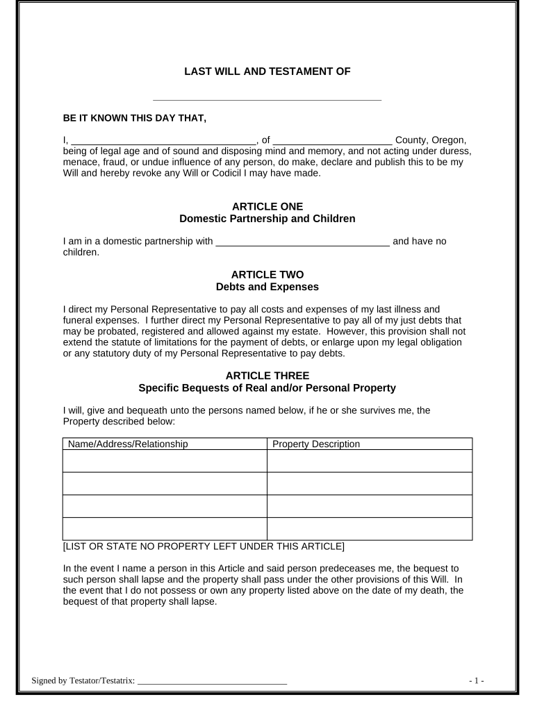 Legal Last Will and Testament Form for a Domestic Partner with No Children Oregon