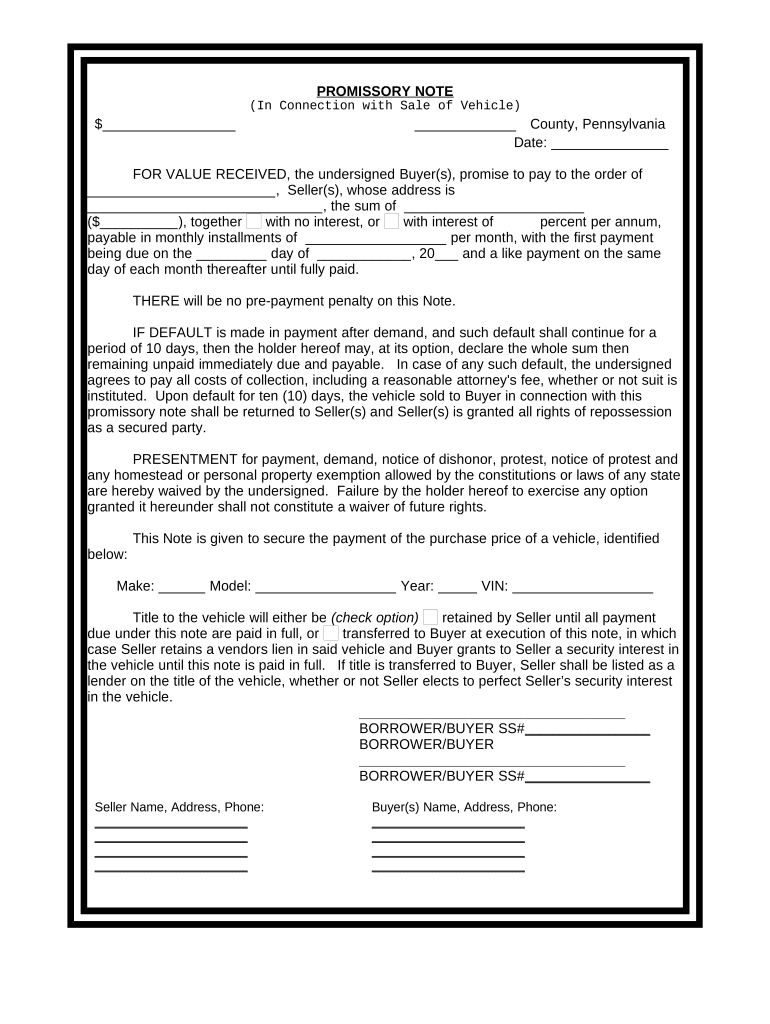 Promissory Note in Connection with Sale of Vehicle or Automobile Pennsylvania  Form