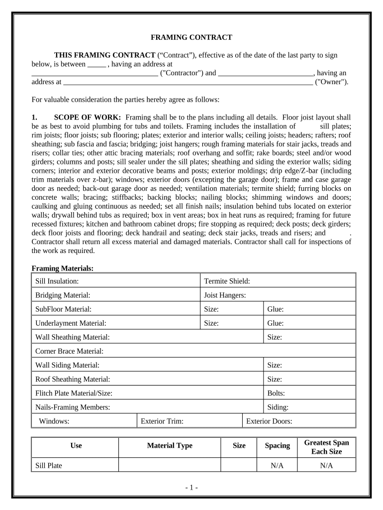 Framing Contract for Contractor Pennsylvania  Form