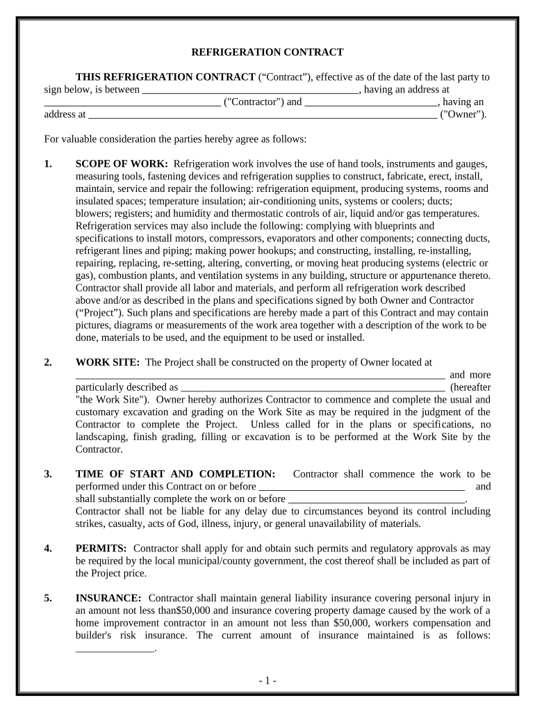 Refrigeration Contract for Contractor Pennsylvania  Form