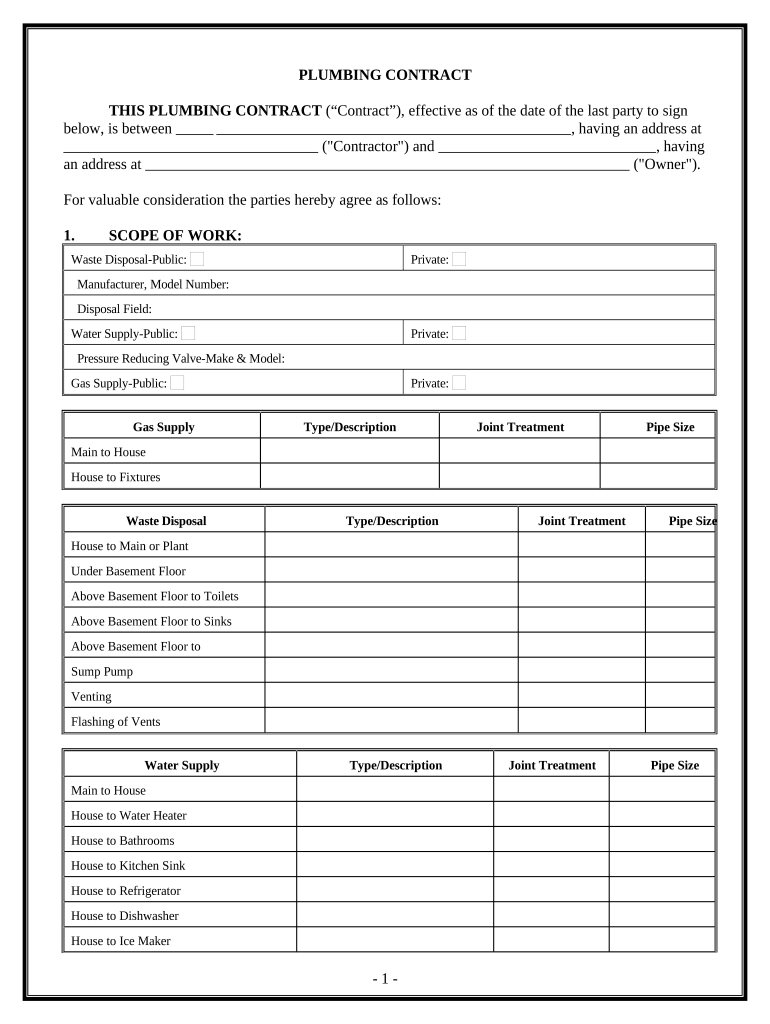 Plumbing Contract for Contractor Pennsylvania  Form