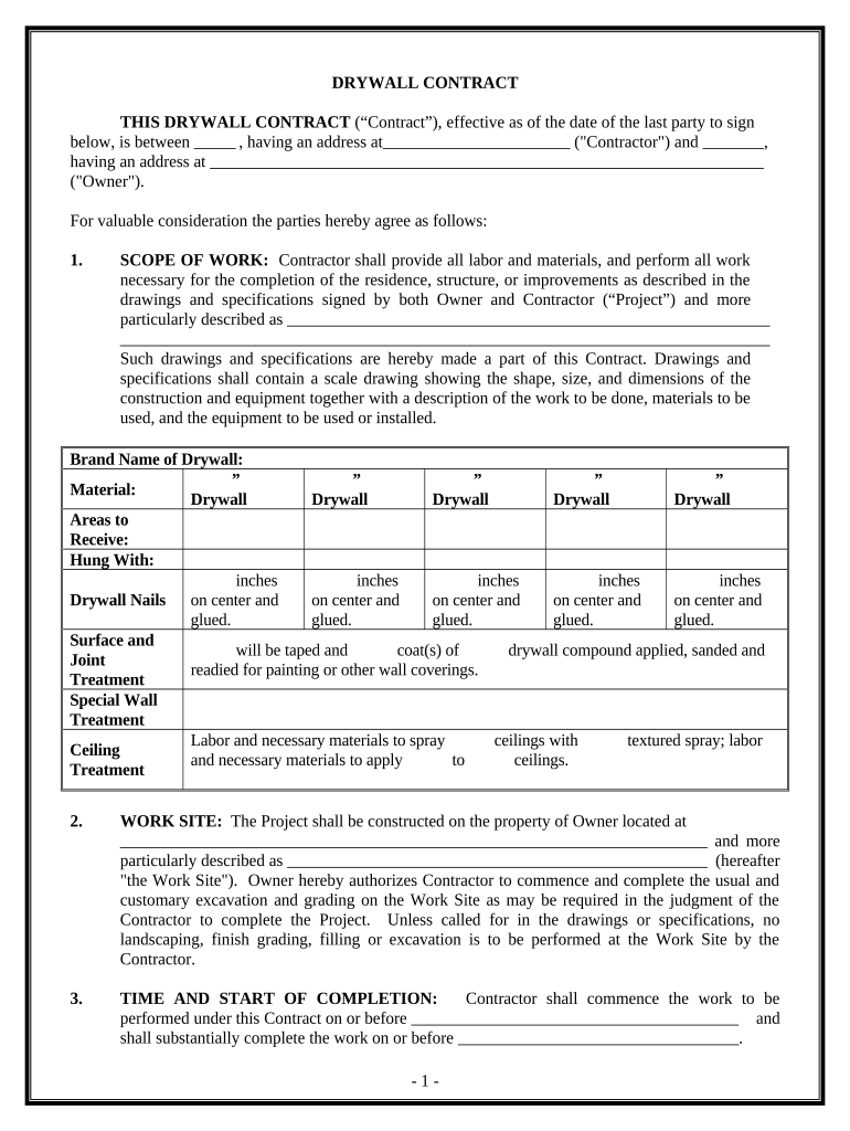 Sheetrock Drywall Contract for Contractor Pennsylvania  Form