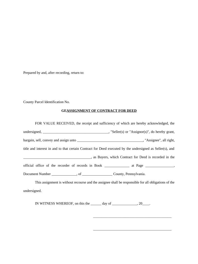 Assignment of Contract for Deed by Seller Pennsylvania  Form