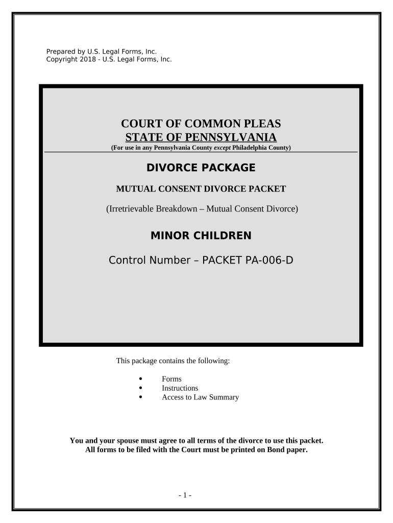 No Fault Agreed Uncontested Divorce Package for Dissolution of Marriage for People with Minor Children Pennsylvania  Form