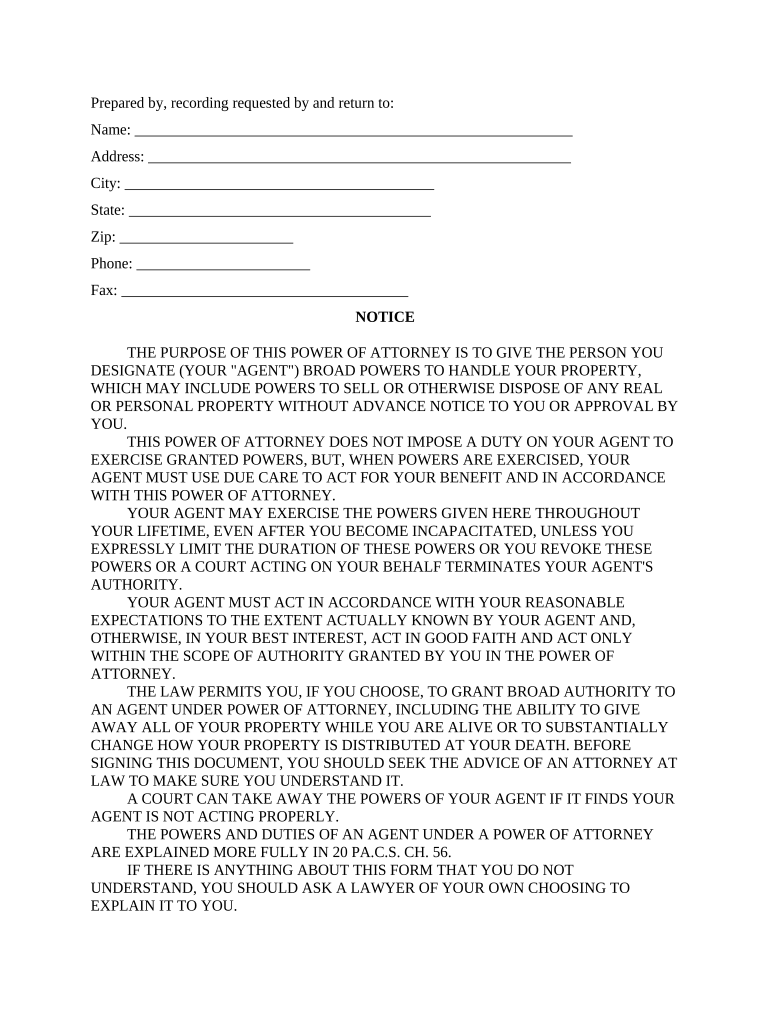 Pennsylvania Power Attorney Form