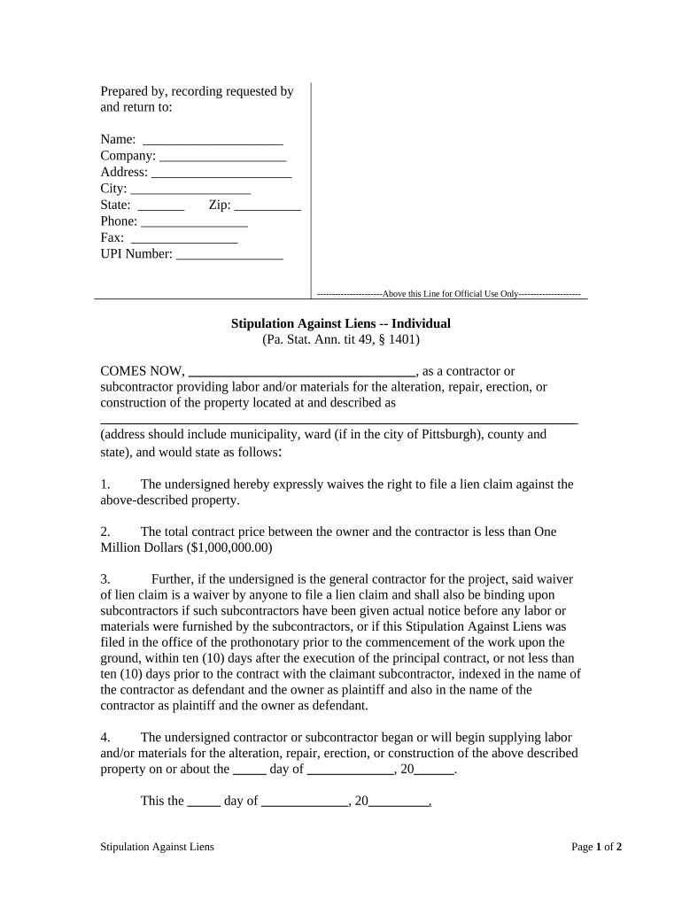 Waiver of Lien by Individual Pennsylvania  Form