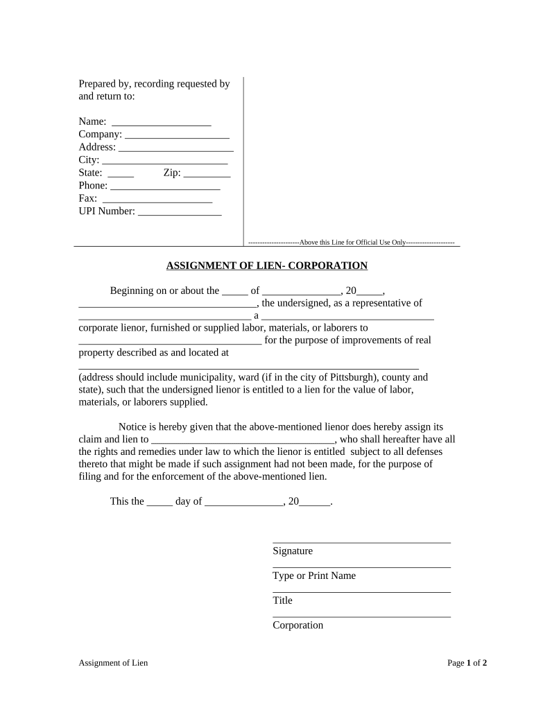 Assignment of Lien Corporation or LLC Pennsylvania  Form