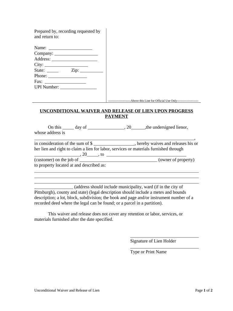 Unconditional Waiver and Release of Claim of Lien Upon Progress Payment Pennsylvania  Form