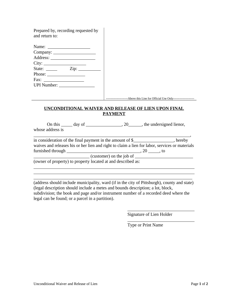 Unconditional Waiver and Release of Claim of Lien Upon Final Payment Pennsylvania  Form
