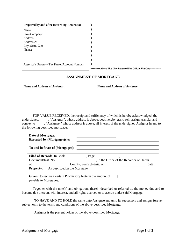 Assignment of Mortgage by Corporate Mortgage Holder Pennsylvania  Form