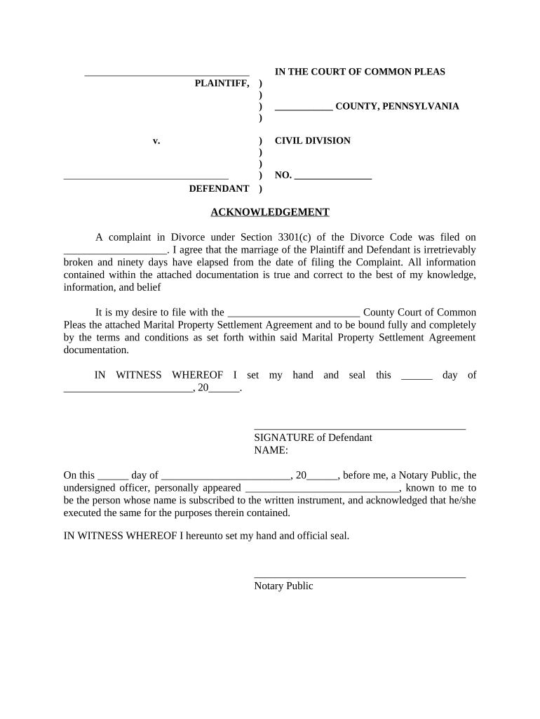 Acknowledgment for Defendant for Marital Property Settlement Agreement Pennsylvania  Form