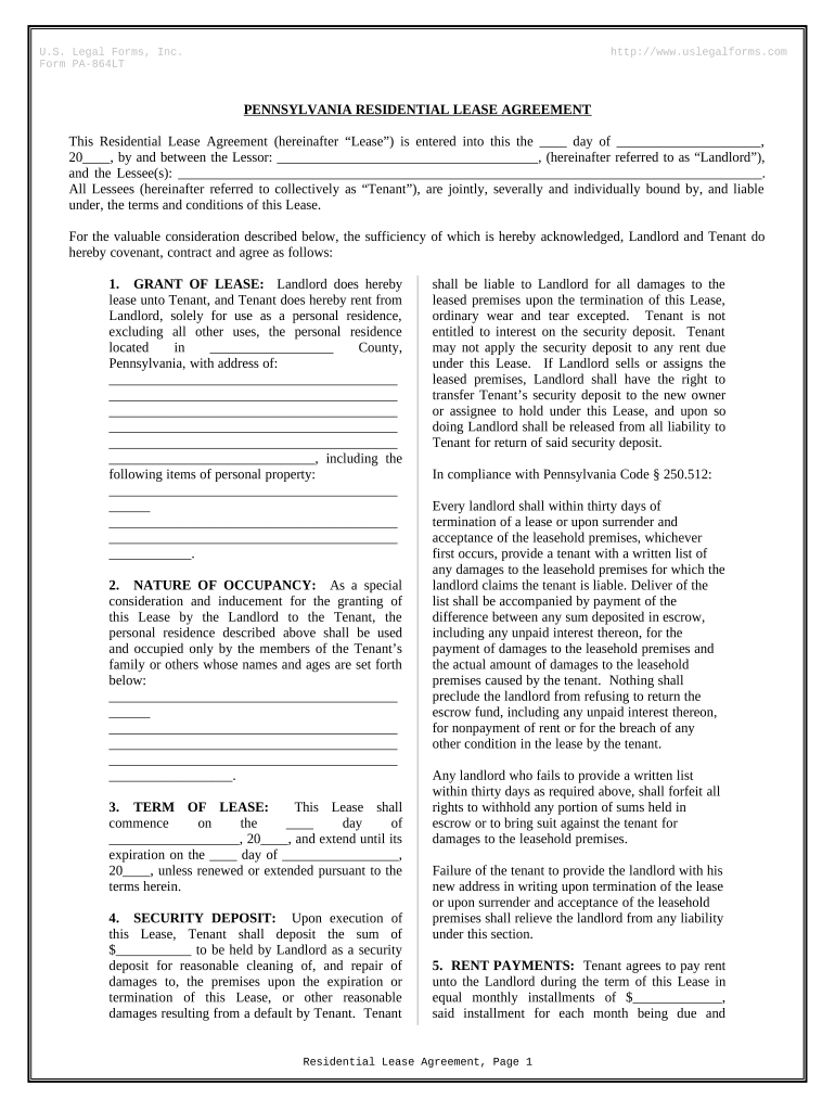 Residential Rental Lease Agreement Pennsylvania  Form