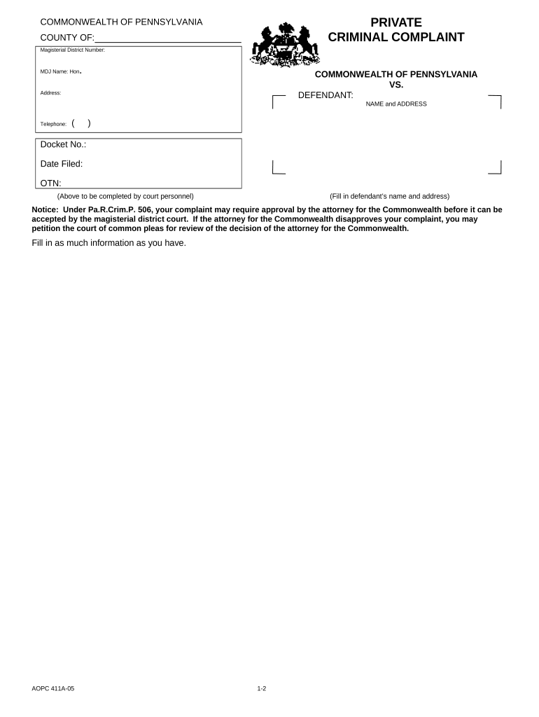 Criminal Complaint  Form