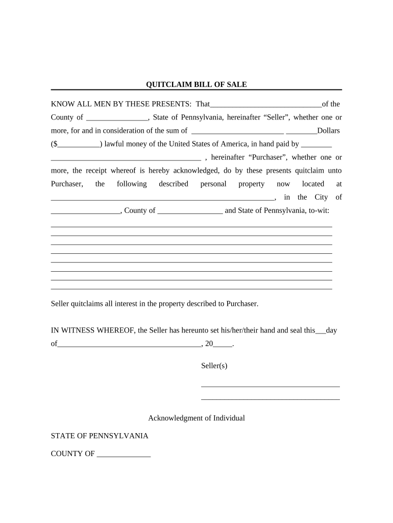 Bill of Sale Without Warranty by Individual Seller Pennsylvania  Form