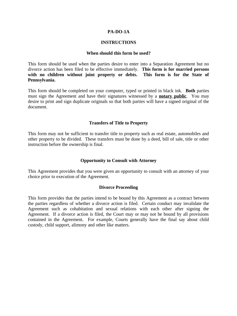 Marital Domestic Separation and Property Settlement Agreement for Persons with No Children, No Joint Property, or Debts Effectiv  Form