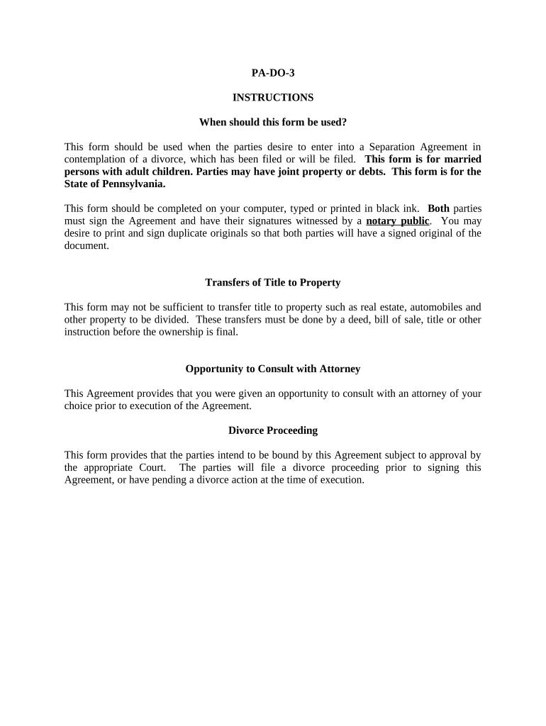 Marital Domestic Separation and Property Settlement Agreement Adult Children Parties May Have Joint Property or Debts Where Divo  Form