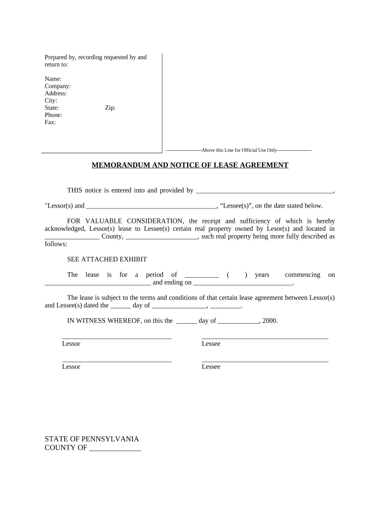 Notice of Lease for Recording Pennsylvania  Form