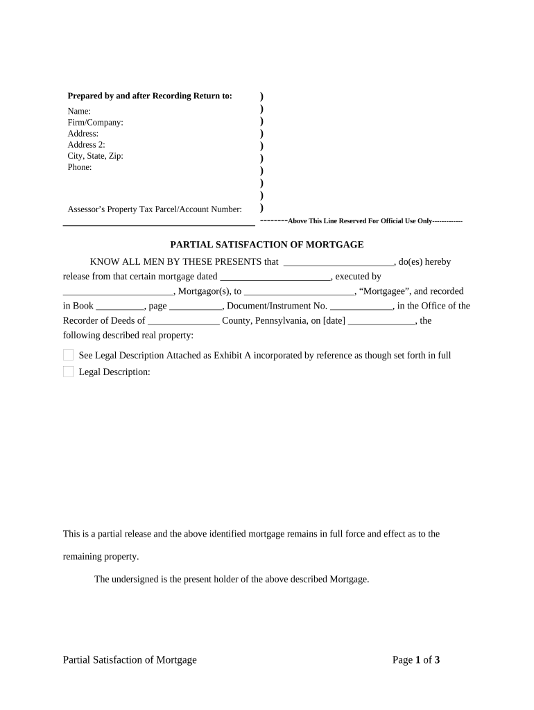 Partial Release of Property from Mortgage by Individual Holder Pennsylvania  Form