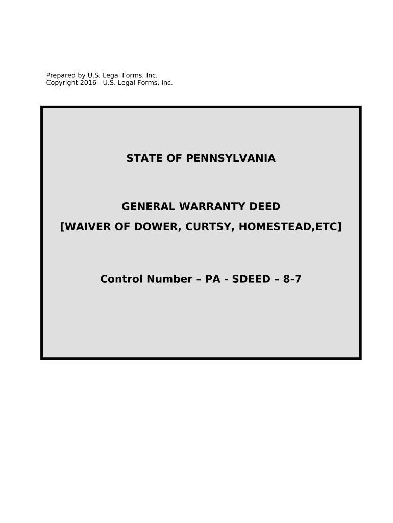 General Warranty Deed for Waiver of Dower, Curtsey, Homestead, Etc Pennsylvania  Form