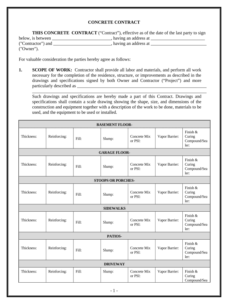 Concrete Mason Contract for Contractor Rhode Island  Form