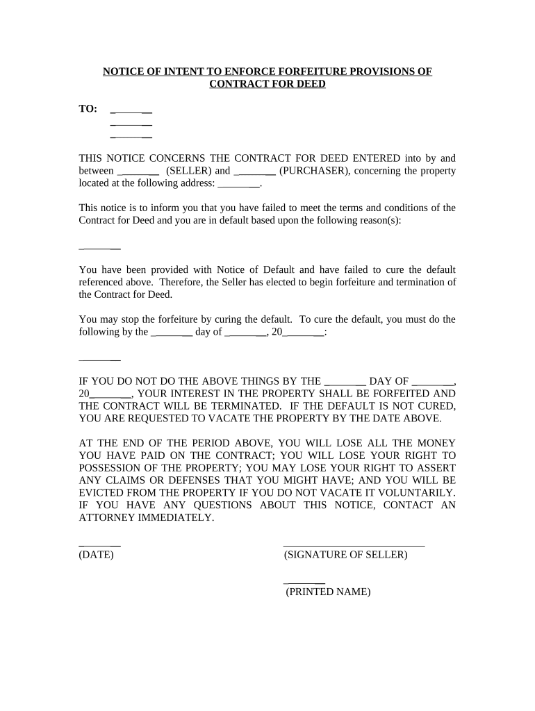 Notice of Intent to Enforce Forfeiture Provisions of Contact for Deed Rhode Island  Form