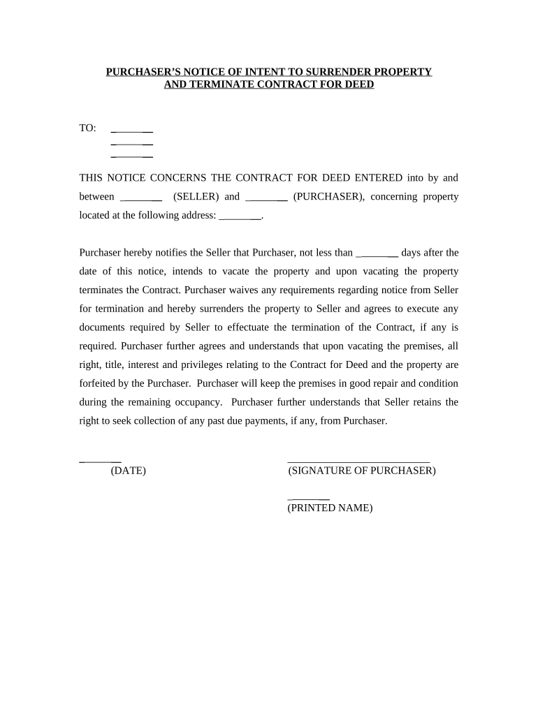 Buyer's Notice of Intent to Vacate and Surrender Property to Seller under Contract for Deed Rhode Island  Form