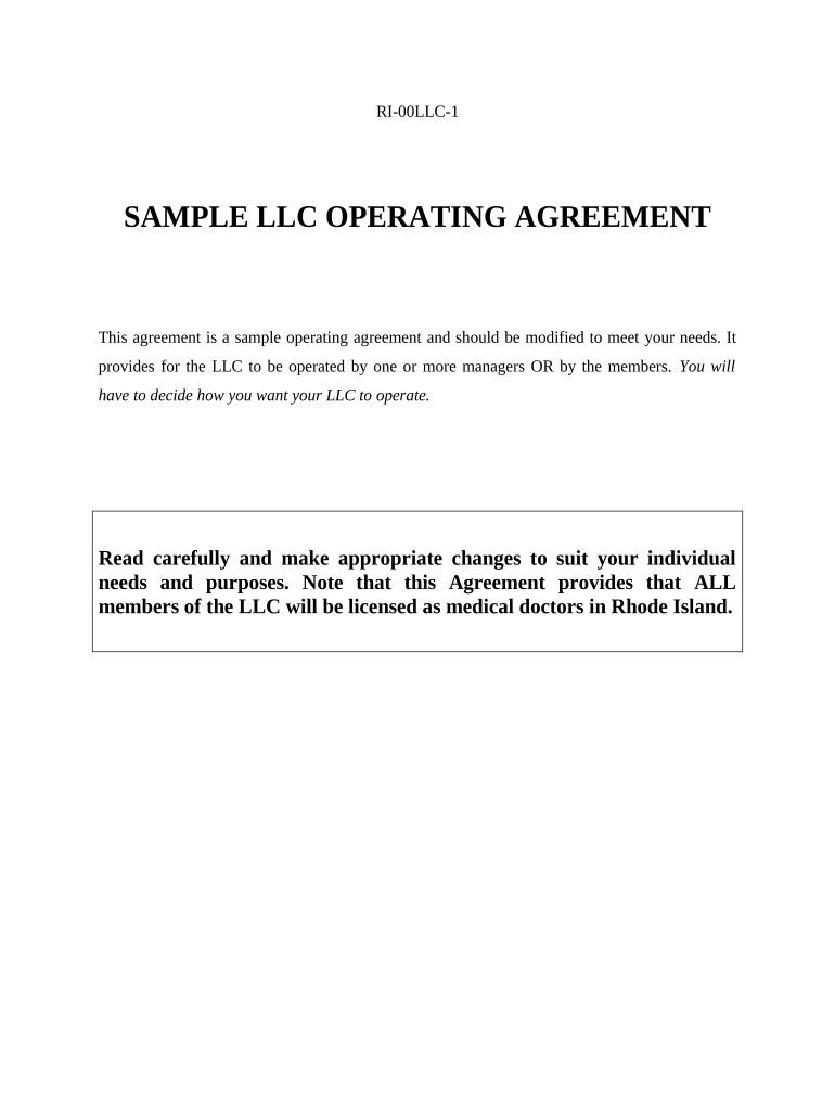 Limited Liability Company LLC Operating Agreement Rhode Island  Form