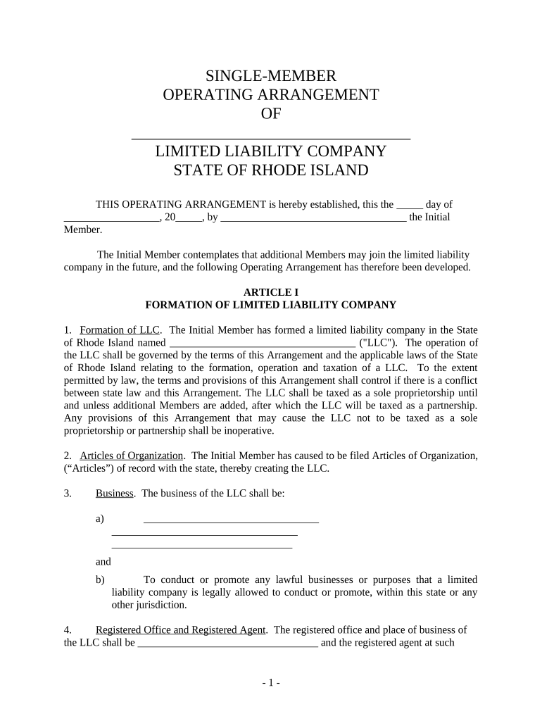 Single Member Limited Liability Company LLC Operating Agreement Rhode Island  Form