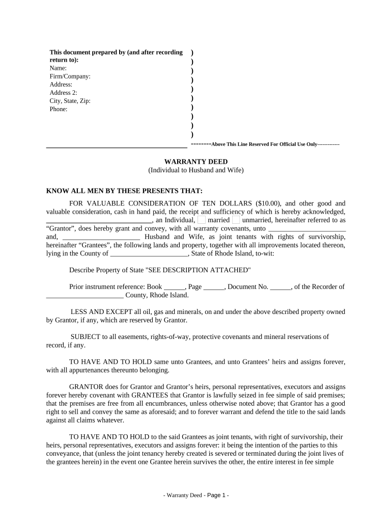 Warranty Deed from Individual to Husband and Wife Rhode Island  Form