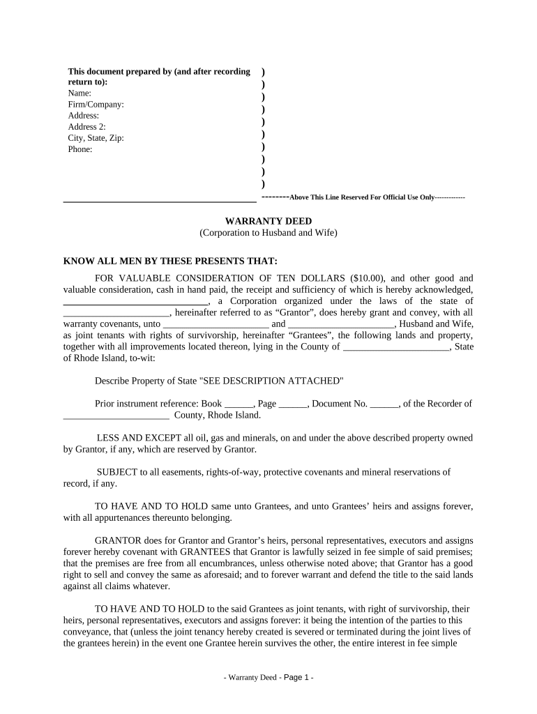 Warranty Deed from Corporation to Husband and Wife Rhode Island  Form