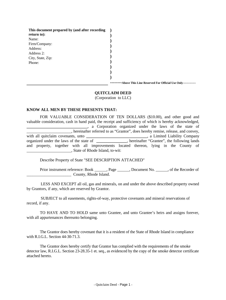 Quitclaim Deed from Corporation to LLC Rhode Island  Form