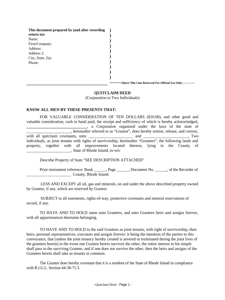 Quitclaim Deed from Corporation to Two Individuals Rhode Island  Form