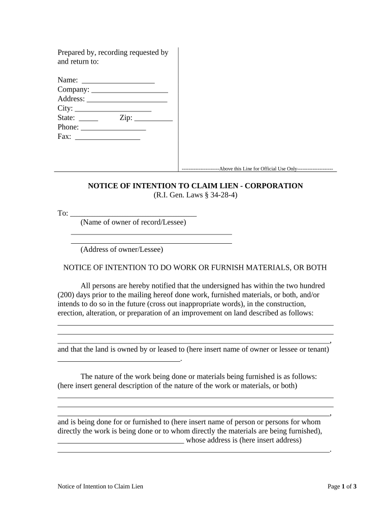 Notice of Intention to Do Work or Furnish Materials Corporation or LLC Rhode Island  Form