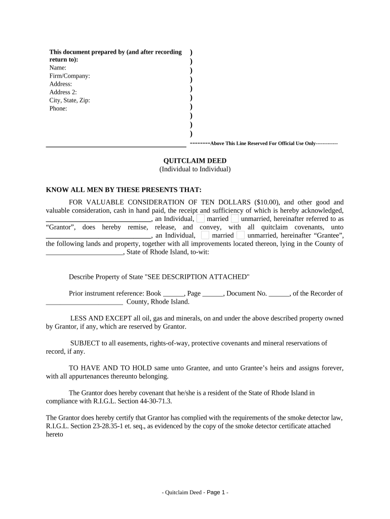 Quitclaim Deed from Individual to Individual Rhode Island  Form