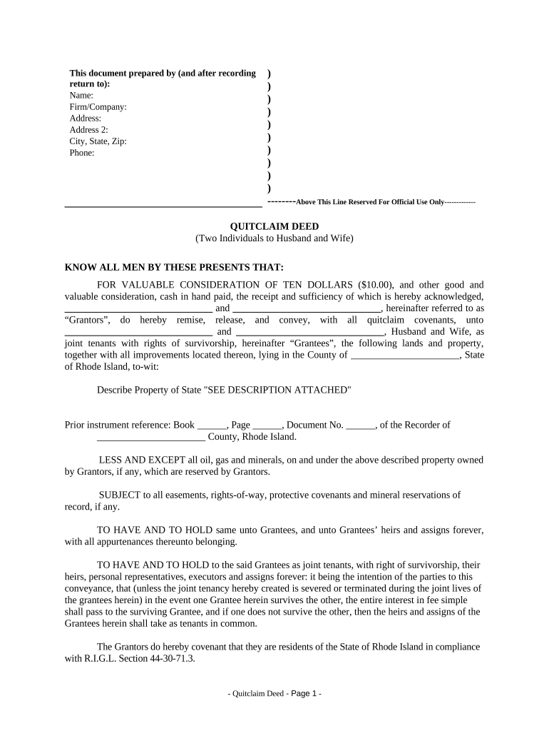 Quitclaim Deed by Two Individuals to Husband and Wife Rhode Island  Form