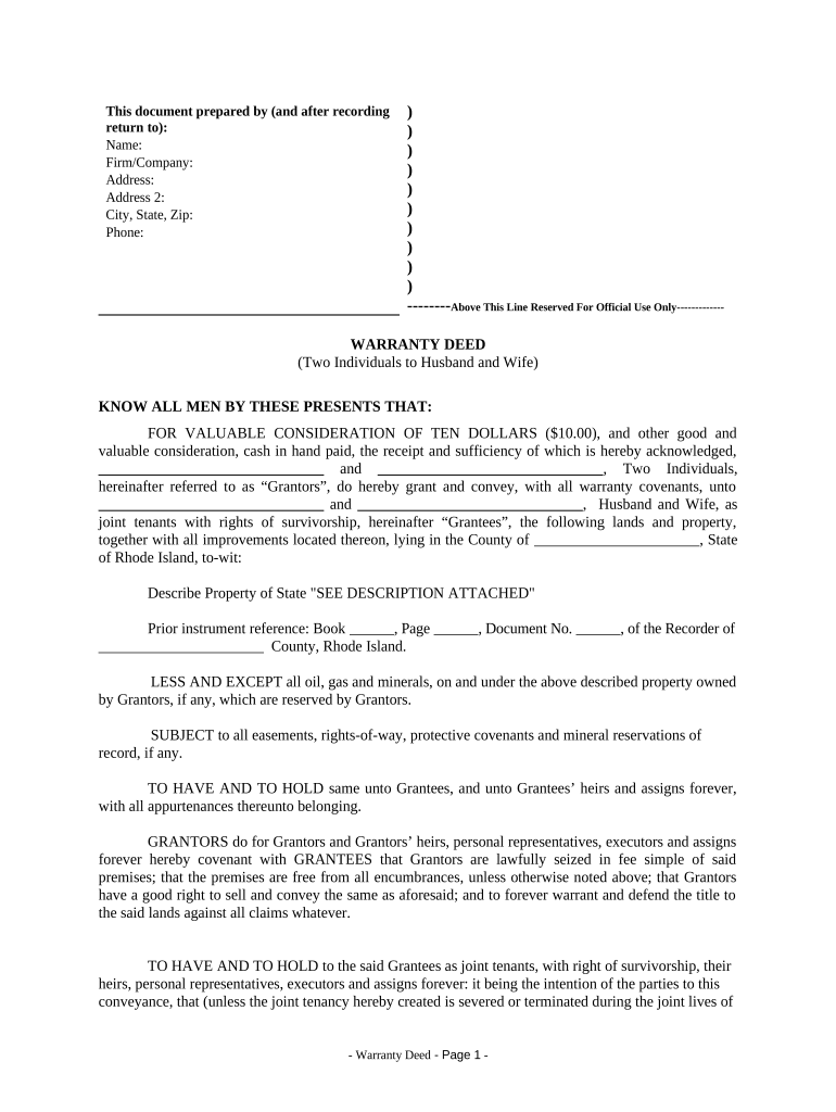 Warranty Deed from Two Individuals to Husband and Wife Rhode Island  Form