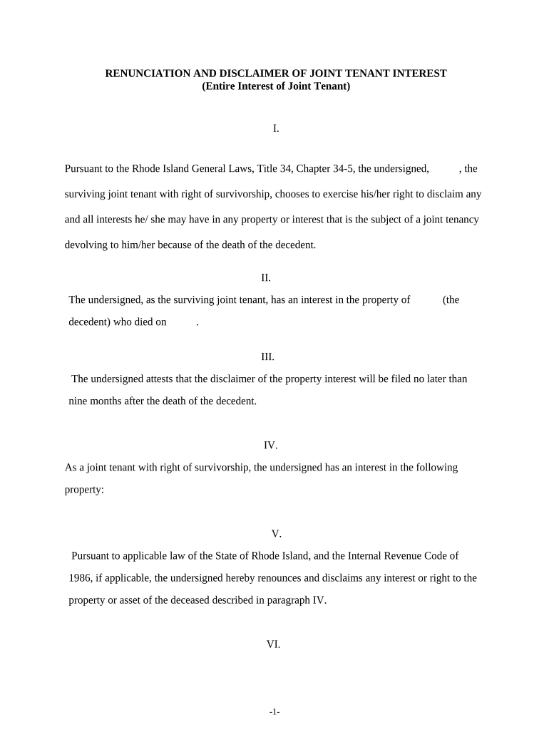 Renunciation and Disclaimer of Joint Tenant or Tenancy Interest Rhode Island  Form