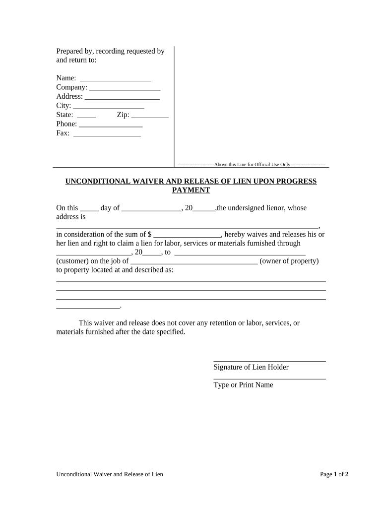Unconditional Waiver and Release of Claim of Lien Upon Progress Payment Rhode Island  Form